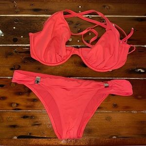 Sky coral cross back bikini (D top s/p bottom)